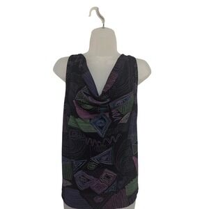 Vintage 90s Made in Heaven Black Abstract Print Cowl Neck Sleeveless Top Women's